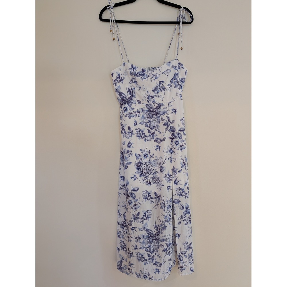 Petal + Pup Blue White Floral Toile Midi Dress Tie Strap Slit US 8 AU 12‎